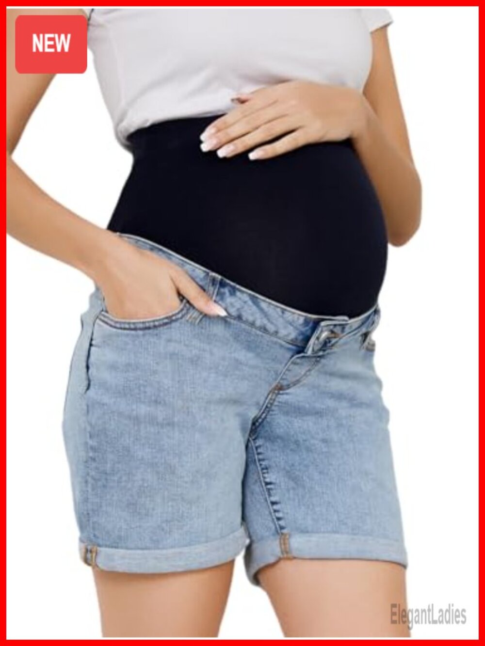 Maternity Denim Shorts Over The Belly 5 Pockets Rolled Hem Stretchy